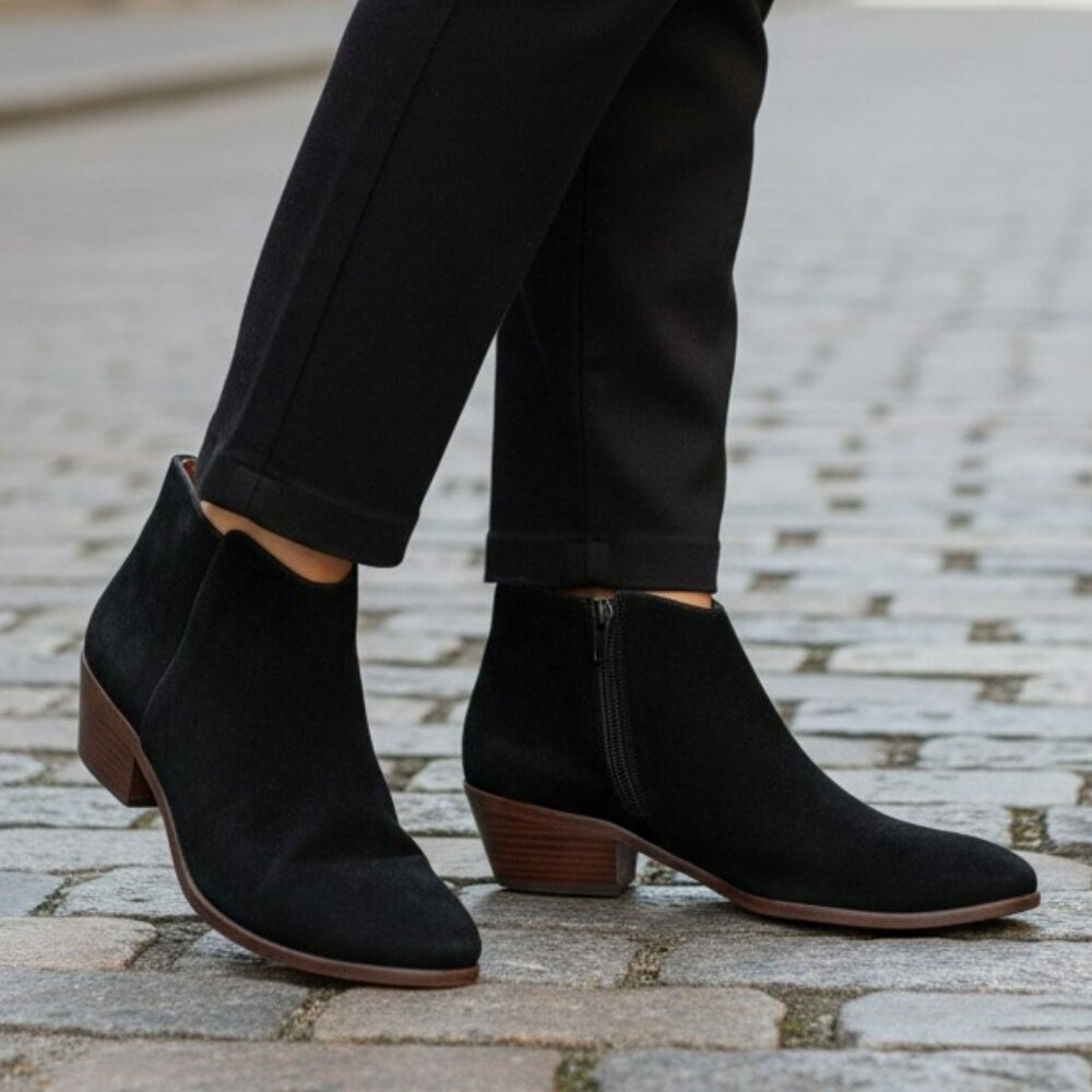 Sam Edelman Womens 7.5 M Black Suede Side Zip Block Heels Booties Ankle Boots